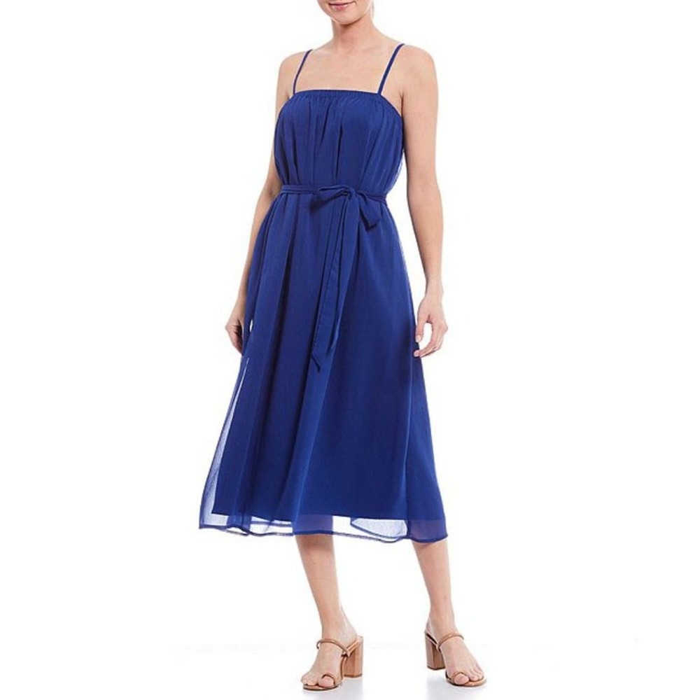 Gianni Bini Midi Dress Blue Shift June Chiffon Tie Waist Flowy A Line Boho M
